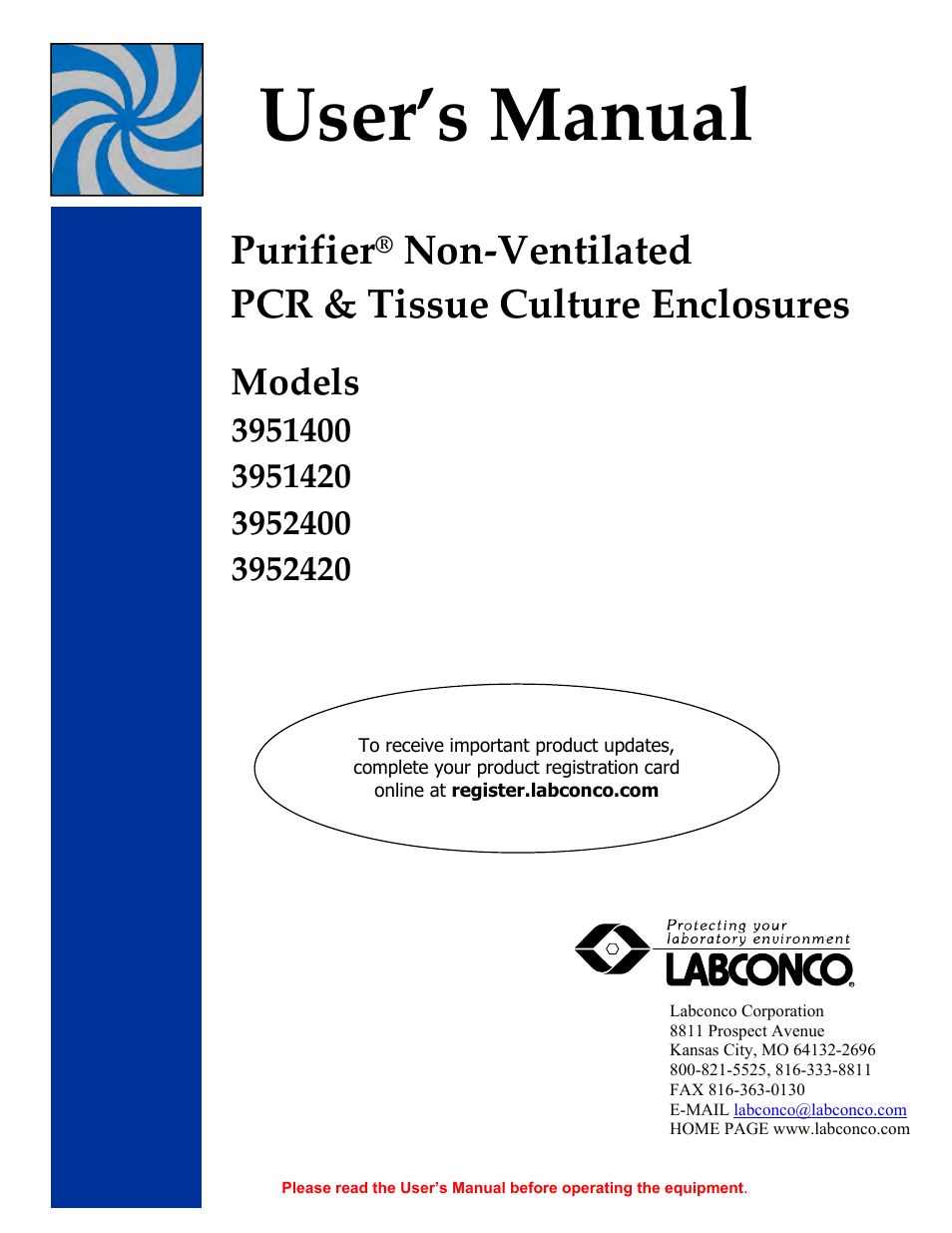 Labconco Purifie Non-Ventilated PCR & Tissue Culture Enclosures 3952420 User Manual | 27 pages