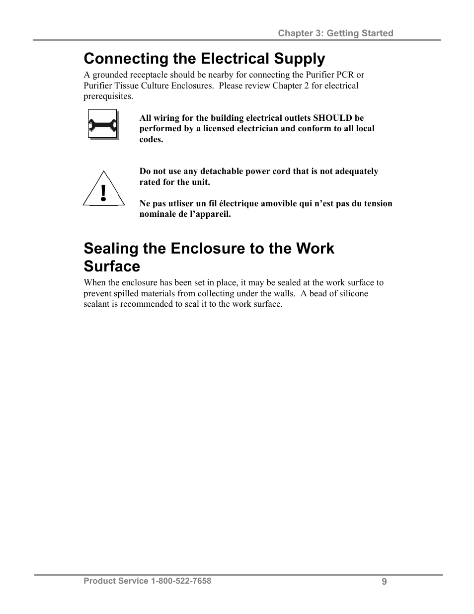 Connecting the electrical supply, Sealing the enclosure to the work surface | Labconco Purifie Non-Ventilated PCR & Tissue Culture Enclosures 3952420 User Manual | Page 13 / 27