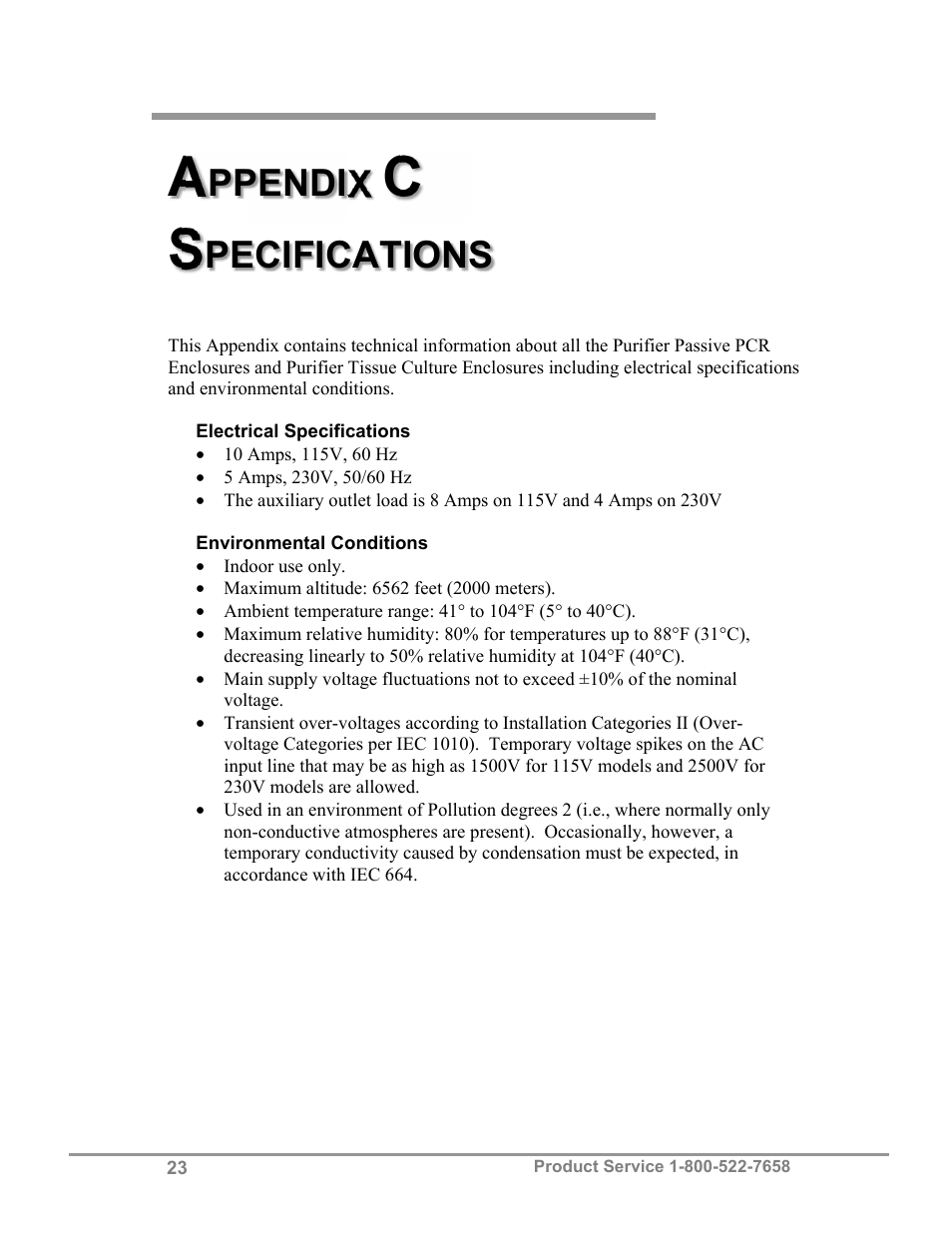 Ppendix, Pecifications | Labconco Purifie Non-Ventilated PCR & Tissue Culture Enclosures 3952420 User Manual | Page 27 / 27