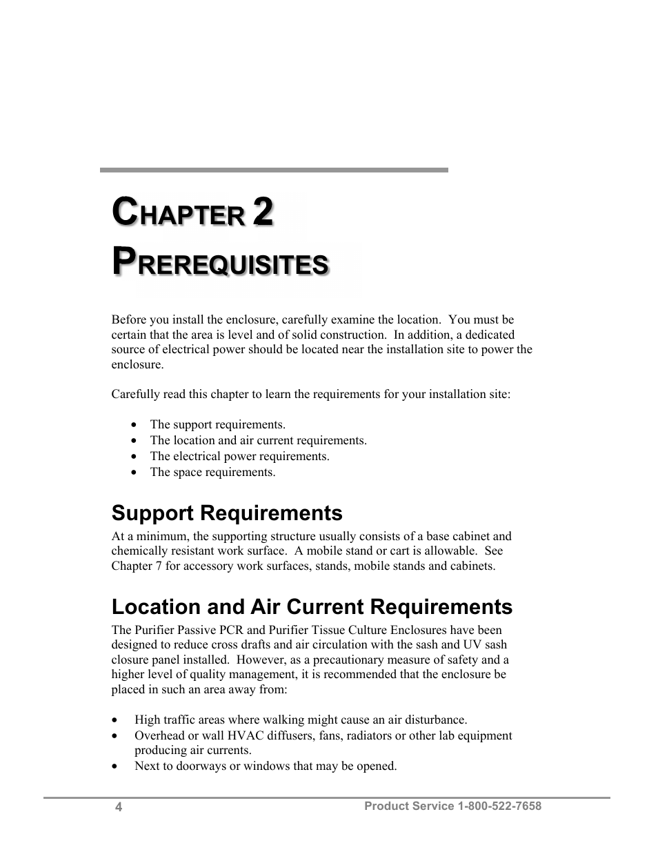 Hapter, Rerequisites, Support requirements | Location and air current requirements | Labconco Purifie Non-Ventilated PCR & Tissue Culture Enclosures 3952420 User Manual | Page 8 / 27