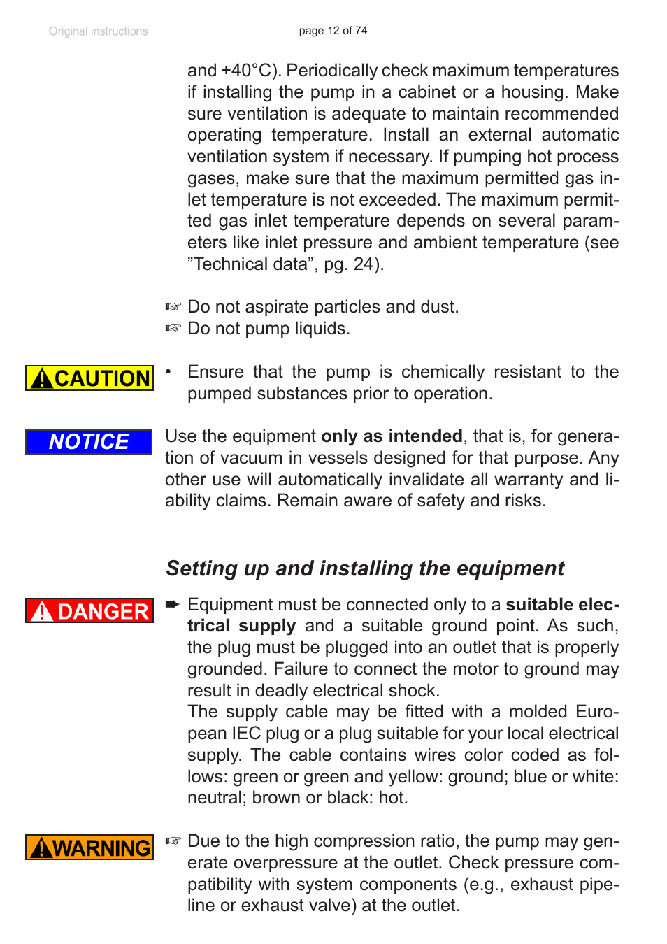 Setting up and installing the equipment, Notice | Labconco VACUUBRAND Diaphragm Pump 7393000 User Manual | Page 12 / 74