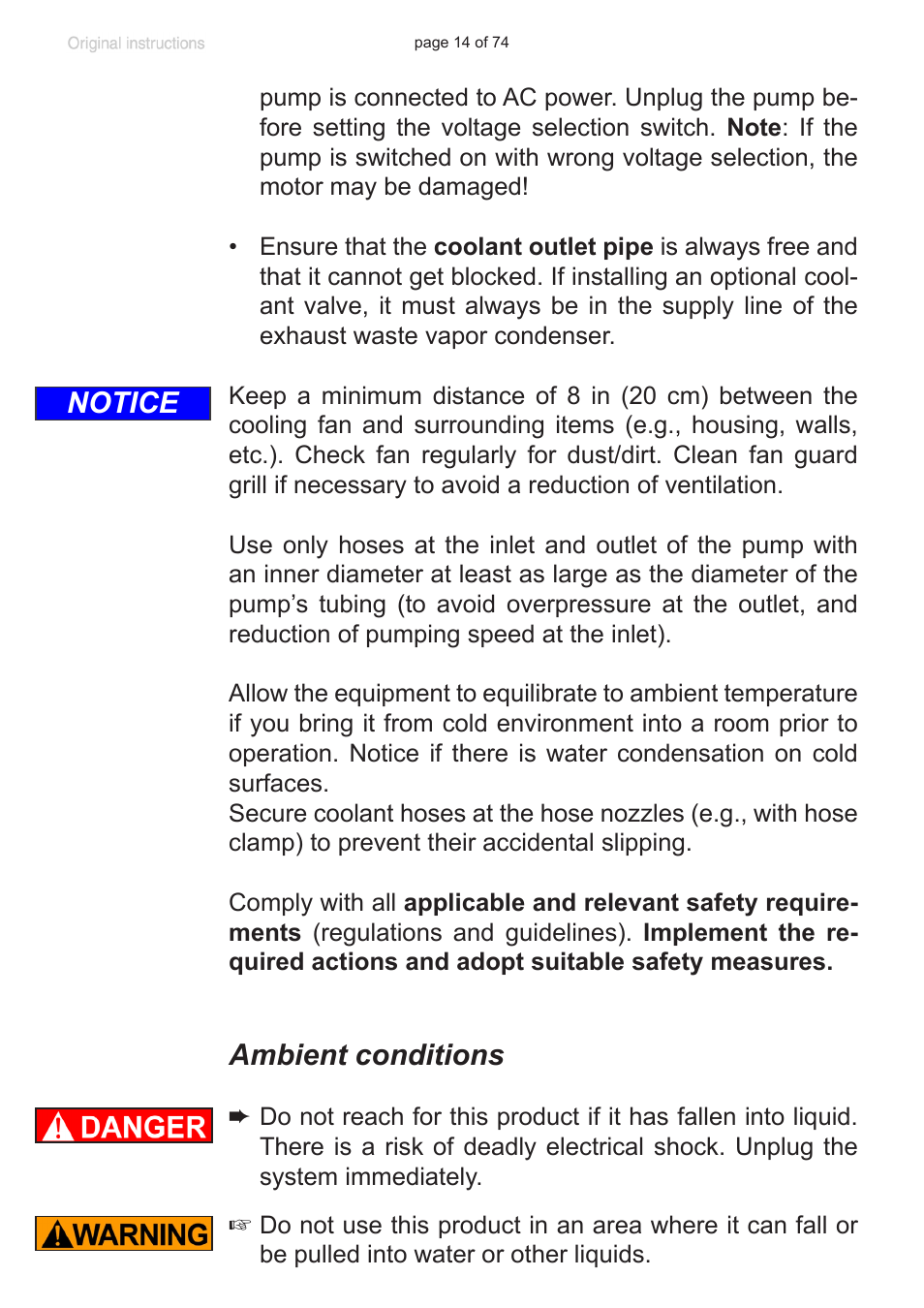 Ambient conditions, Notice | Labconco VACUUBRAND Diaphragm Pump 7393000 User Manual | Page 14 / 74