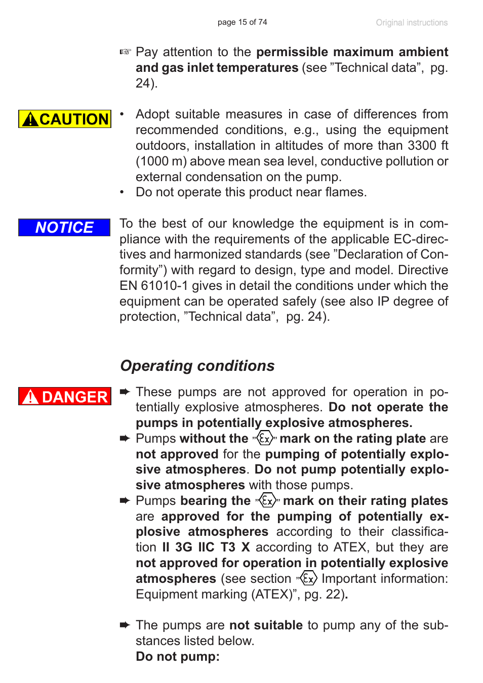 Operating conditions, Notice | Labconco VACUUBRAND Diaphragm Pump 7393000 User Manual | Page 15 / 74