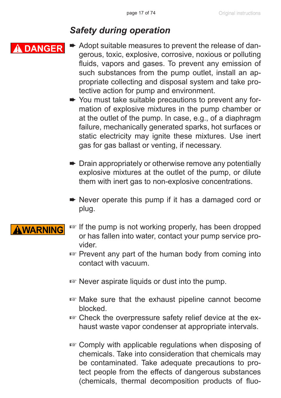 Safety during operation | Labconco VACUUBRAND Diaphragm Pump 7393000 User Manual | Page 17 / 74