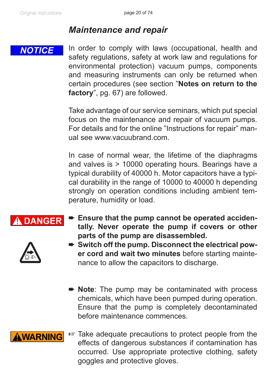 Maintenance and repair, Notice | Labconco VACUUBRAND Diaphragm Pump 7393000 User Manual | Page 20 / 74