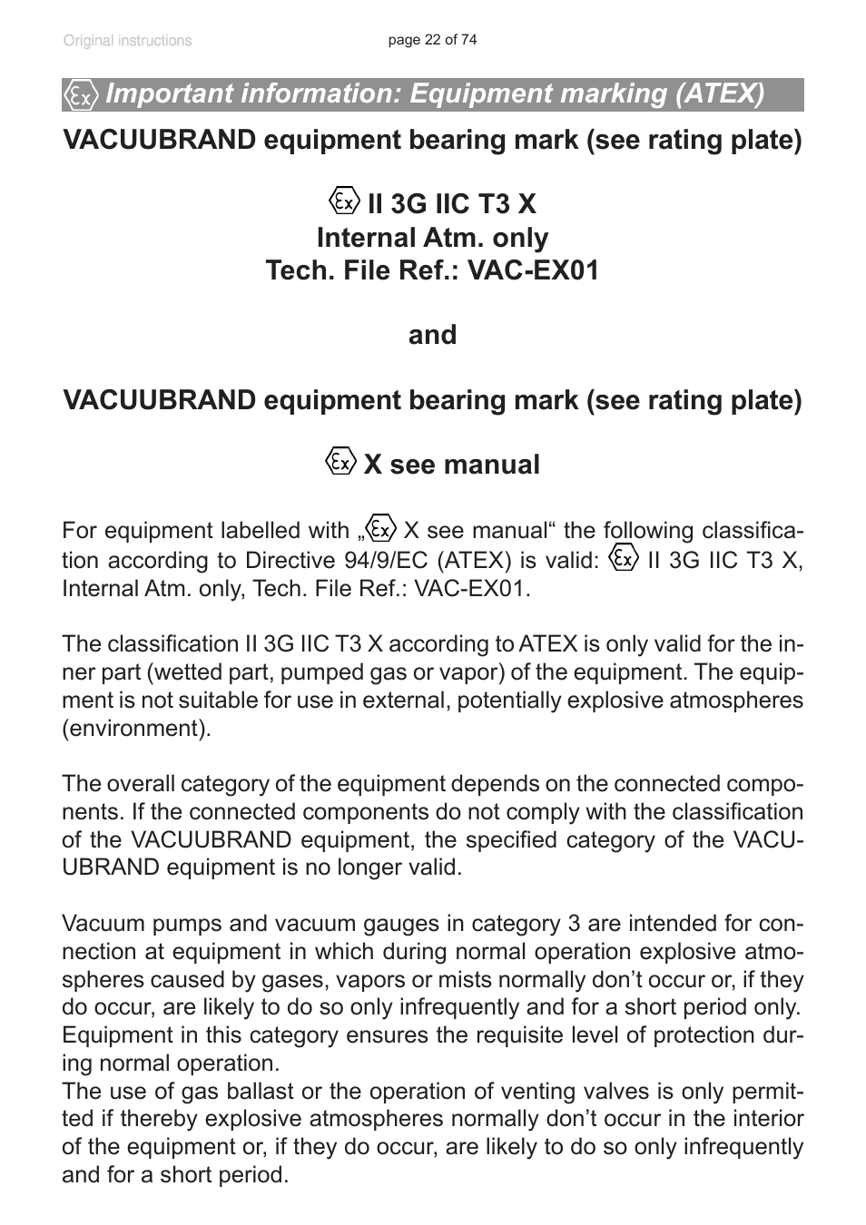 Important information: equipment marking (atex), Tex)”, pg. 22) | Labconco VACUUBRAND Diaphragm Pump 7393000 User Manual | Page 22 / 74