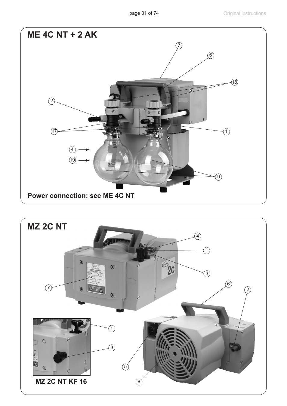 Mz 2c nt me 4c nt + 2 ak, Mz 2c nt kf 16, Power connection: see me 4c nt | Labconco VACUUBRAND Diaphragm Pump 7393000 User Manual | Page 31 / 74