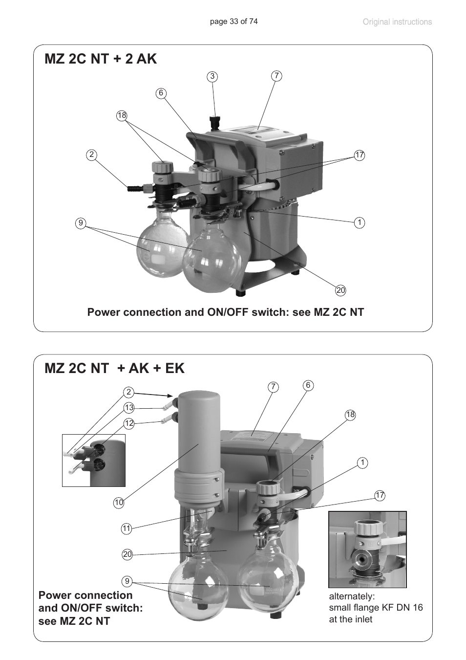 Mz 2c nt + 2 ak, Mz 2c nt + ak + ek, Power connection and on/off switch: see mz 2c nt | Labconco VACUUBRAND Diaphragm Pump 7393000 User Manual | Page 33 / 74