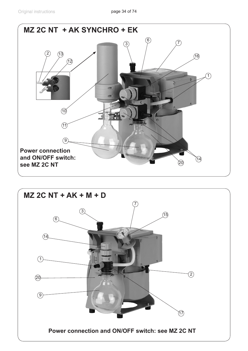 Mz 2c nt + ak synchro + ek, Mz 2c nt + ak + m + d, Power connection and on/off switch: see mz 2c nt | Labconco VACUUBRAND Diaphragm Pump 7393000 User Manual | Page 34 / 74