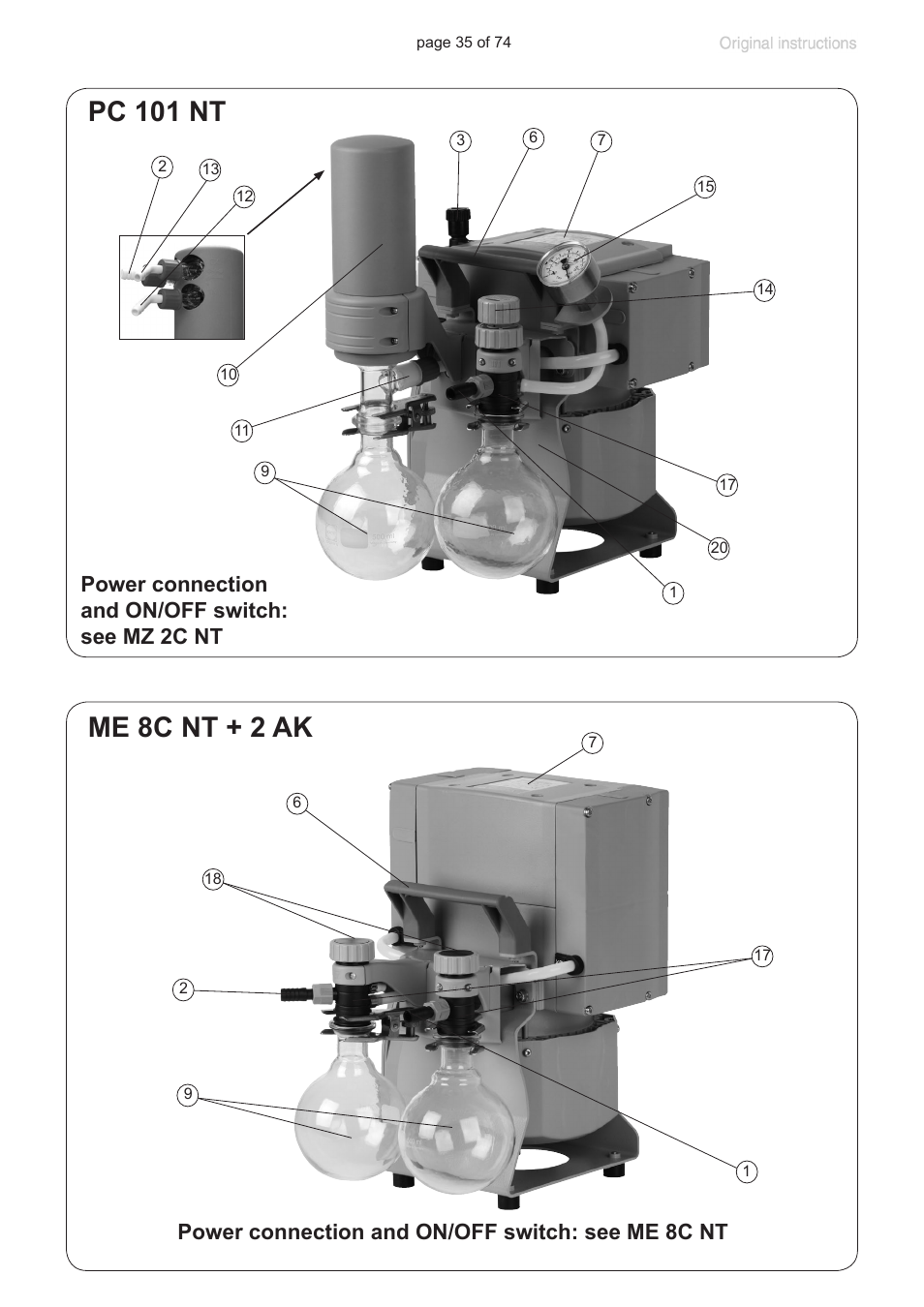 Pc 101 nt, Me 8c nt + 2 ak, Power connection and on/off switch: see mz 2c nt | Power connection and on/off switch: see me 8c nt | Labconco VACUUBRAND Diaphragm Pump 7393000 User Manual | Page 35 / 74