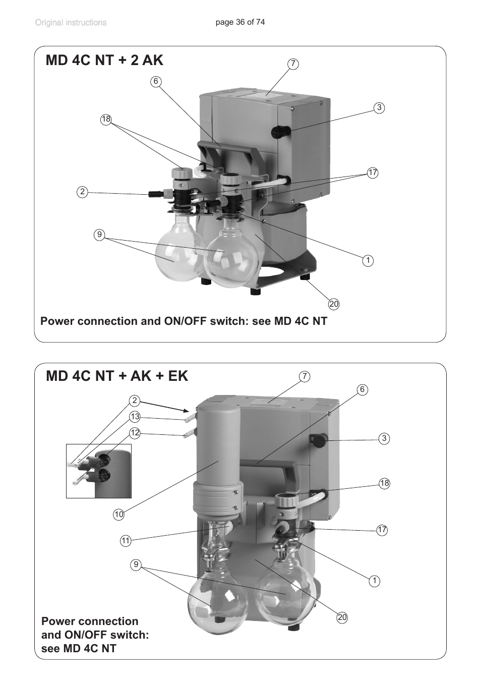 Md 4c nt + ak + ek, Md 4c nt + 2 ak, Power connection and on/off switch: see md 4c nt | Labconco VACUUBRAND Diaphragm Pump 7393000 User Manual | Page 36 / 74