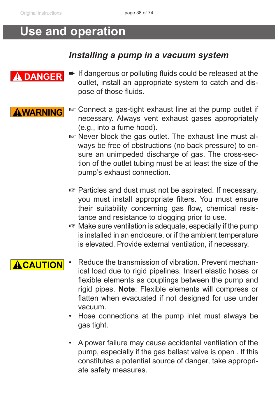 Use and operation, Installing a pump in a vacuum system | Labconco VACUUBRAND Diaphragm Pump 7393000 User Manual | Page 38 / 74