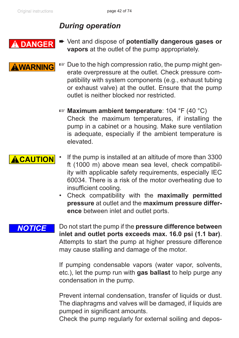 During operation, Notice | Labconco VACUUBRAND Diaphragm Pump 7393000 User Manual | Page 42 / 74