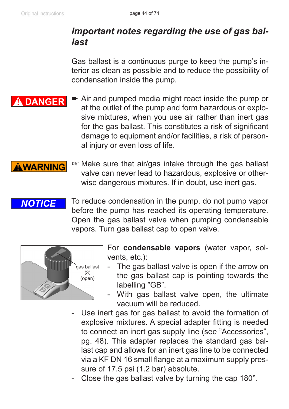 Important notes regarding the use of gas ballast, Notice | Labconco VACUUBRAND Diaphragm Pump 7393000 User Manual | Page 44 / 74
