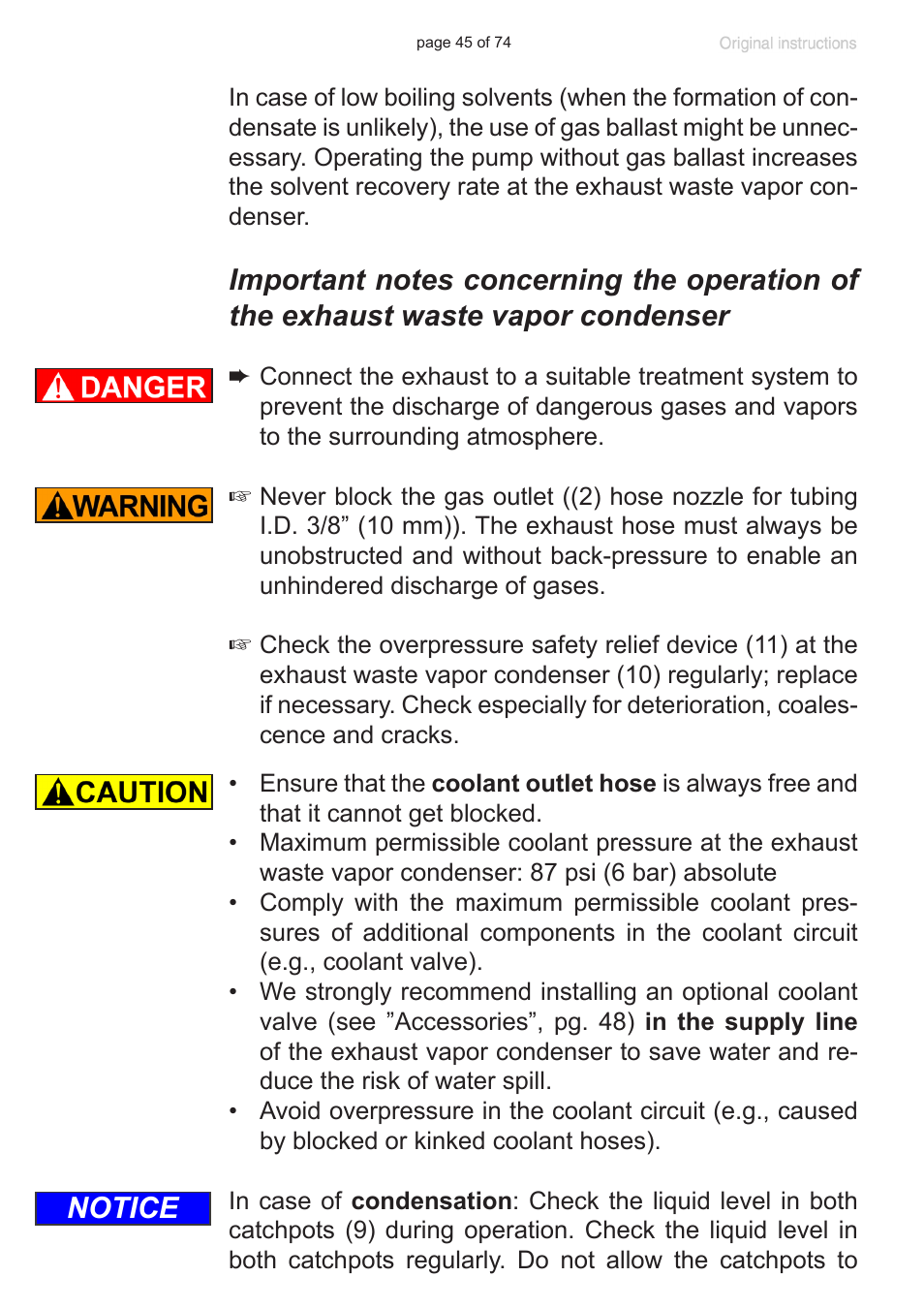 Important notes concerning the operation of the, Exhaust waste vapor condenser, Notice | Labconco VACUUBRAND Diaphragm Pump 7393000 User Manual | Page 45 / 74
