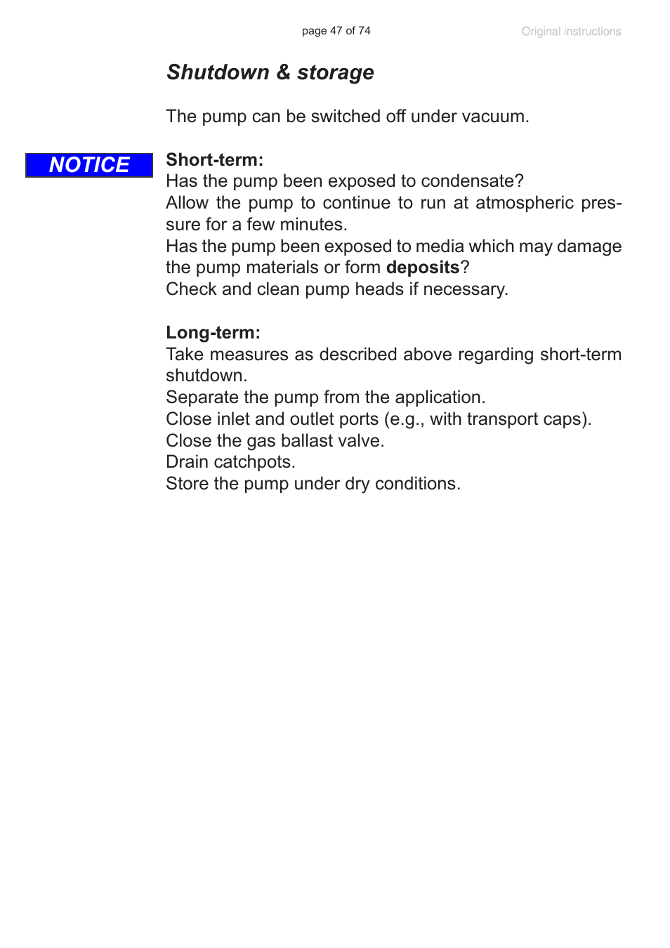 Shutdown & storage, Notice | Labconco VACUUBRAND Diaphragm Pump 7393000 User Manual | Page 47 / 74