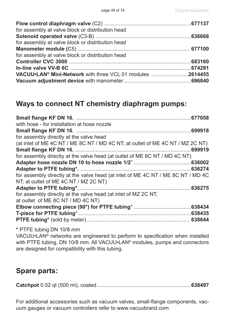 Ways to connect nt chemistry diaphragm pumps, Spare parts | Labconco VACUUBRAND Diaphragm Pump 7393000 User Manual | Page 49 / 74