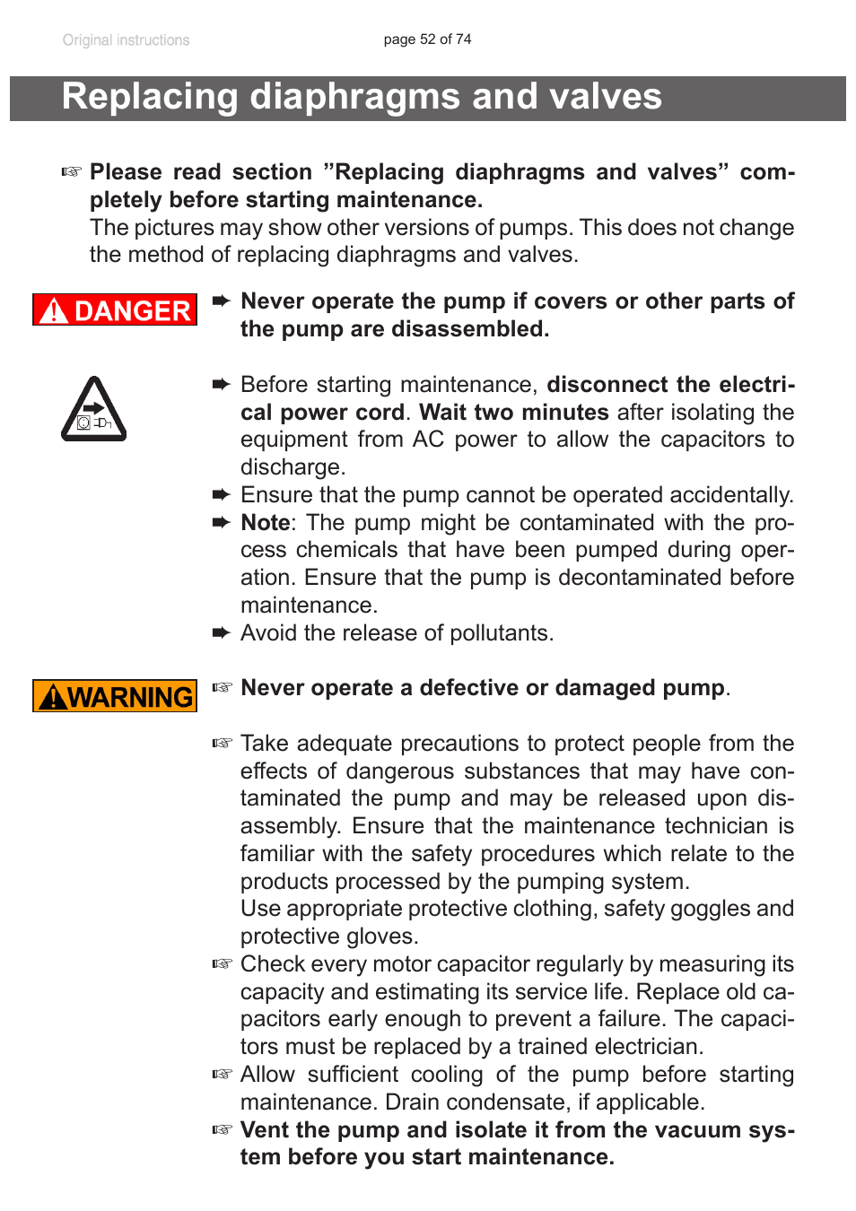 Replacing diaphragms and valves | Labconco VACUUBRAND Diaphragm Pump 7393000 User Manual | Page 52 / 74