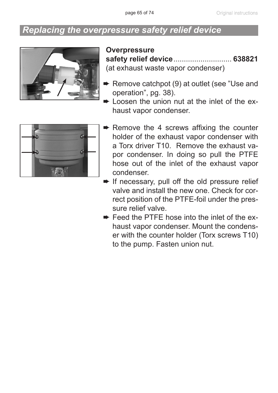 Replacing the overpressure safety relief device | Labconco VACUUBRAND Diaphragm Pump 7393000 User Manual | Page 65 / 74