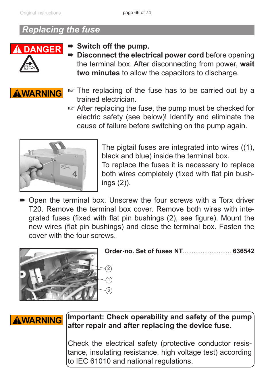 Replacing the fuse | Labconco VACUUBRAND Diaphragm Pump 7393000 User Manual | Page 66 / 74