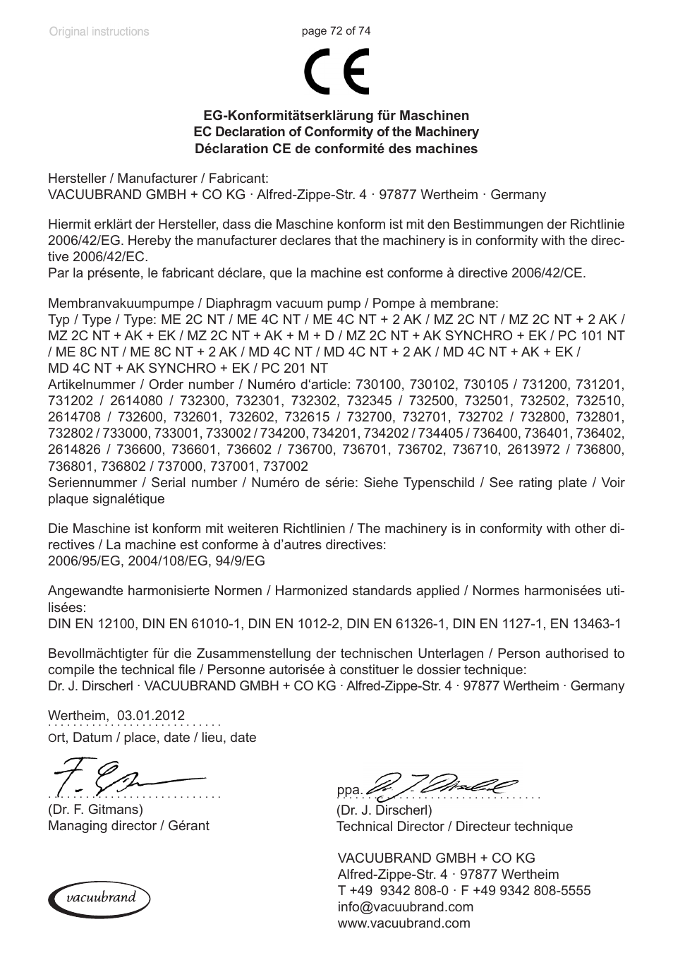 Ec declaration of conformity of the machinery | Labconco VACUUBRAND Diaphragm Pump 7393000 User Manual | Page 72 / 74