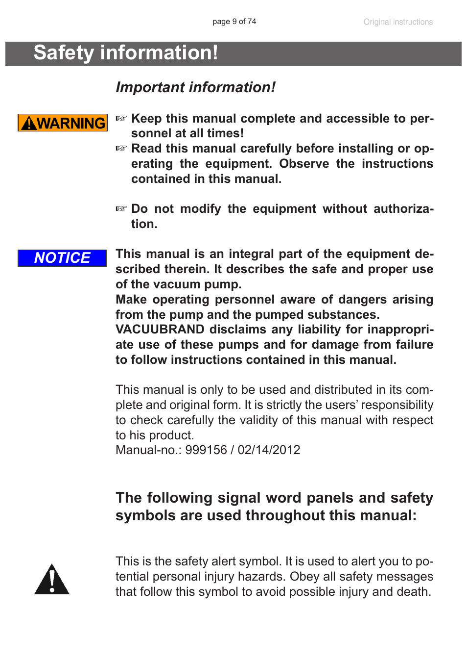 Safety information, Important information, Notice | Labconco VACUUBRAND Diaphragm Pump 7393000 User Manual | Page 9 / 74
