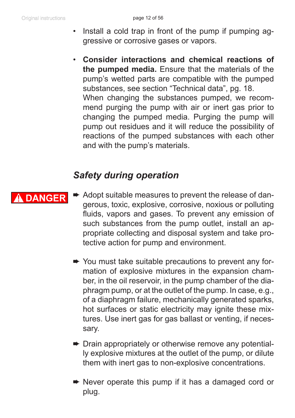 Safety during operation | Labconco VACUUBRAND HYBRID Rotary Vane Pump 7584000 User Manual | Page 12 / 56