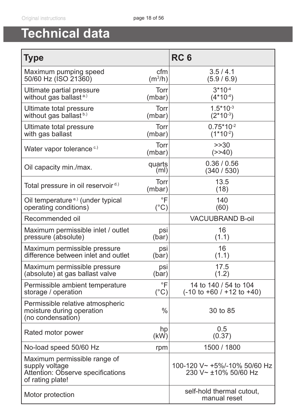 Technical data, Conditions (see also “technical data”, pg. 18), Ture (see “technical data”, pg. 18) | See”technical data”, pg, Protection, “technical data”, pg. 18), Pg. 18), See “technical data”, pg. 18, for maximum, Type rc 6 | Labconco VACUUBRAND HYBRID Rotary Vane Pump 7584000 User Manual | Page 18 / 56