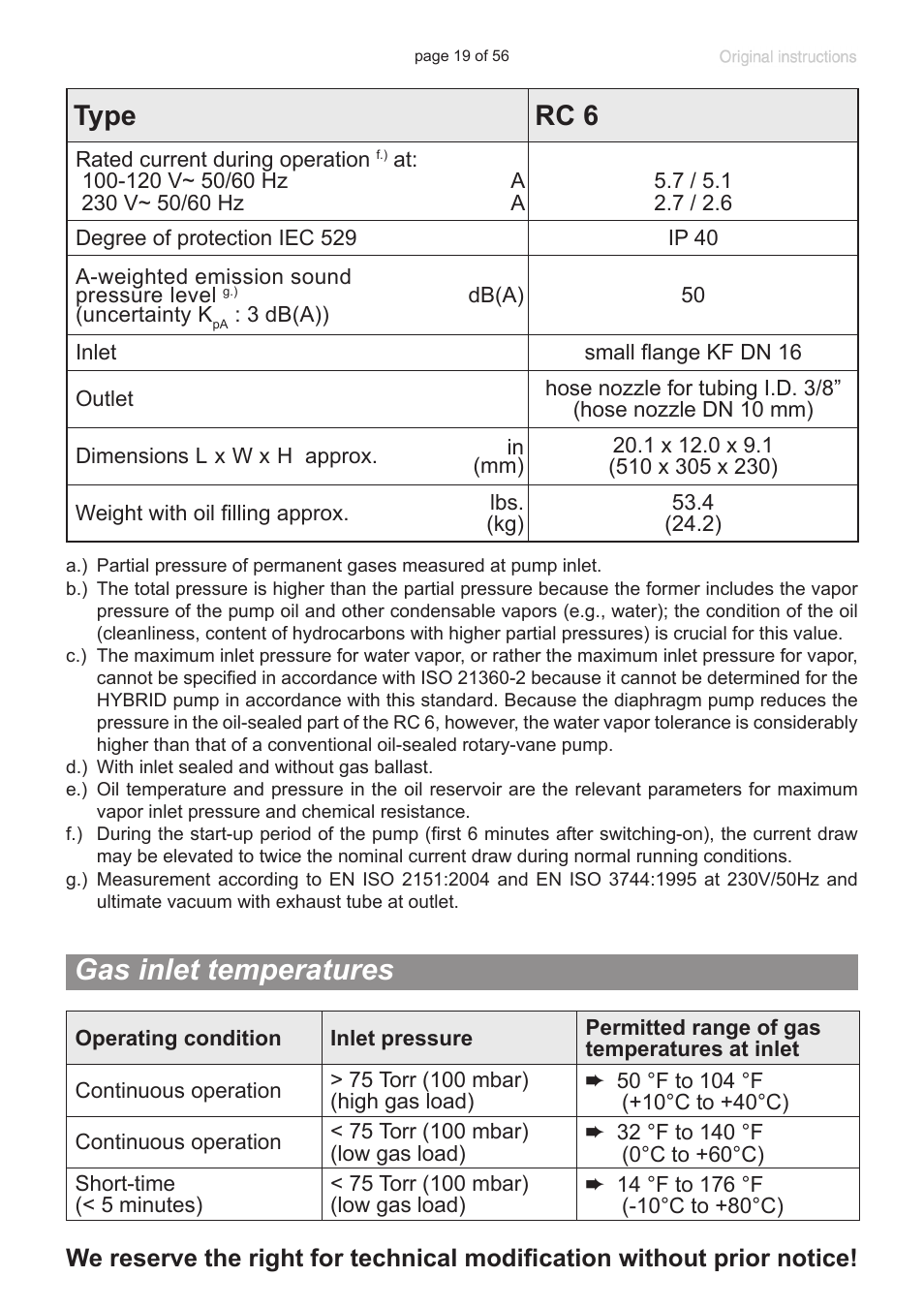 Gas inlet temperatures, Type rc 6 | Labconco VACUUBRAND HYBRID Rotary Vane Pump 7584000 User Manual | Page 19 / 56