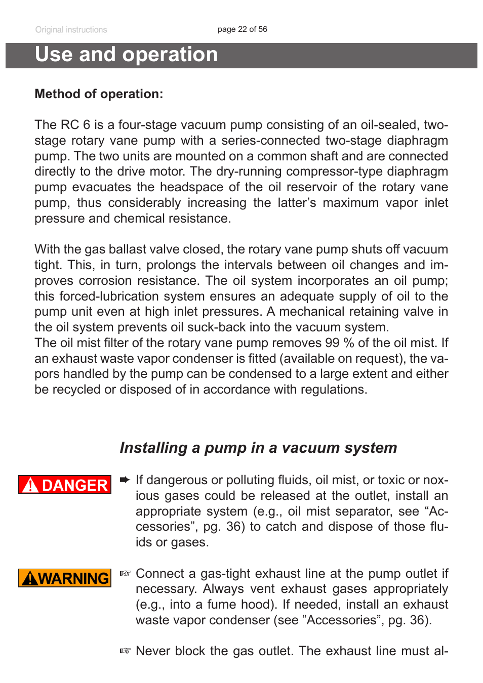 Use and operation, Installing a pump in a vacuum system, See section “use and operation”, pg | Labconco VACUUBRAND HYBRID Rotary Vane Pump 7584000 User Manual | Page 22 / 56