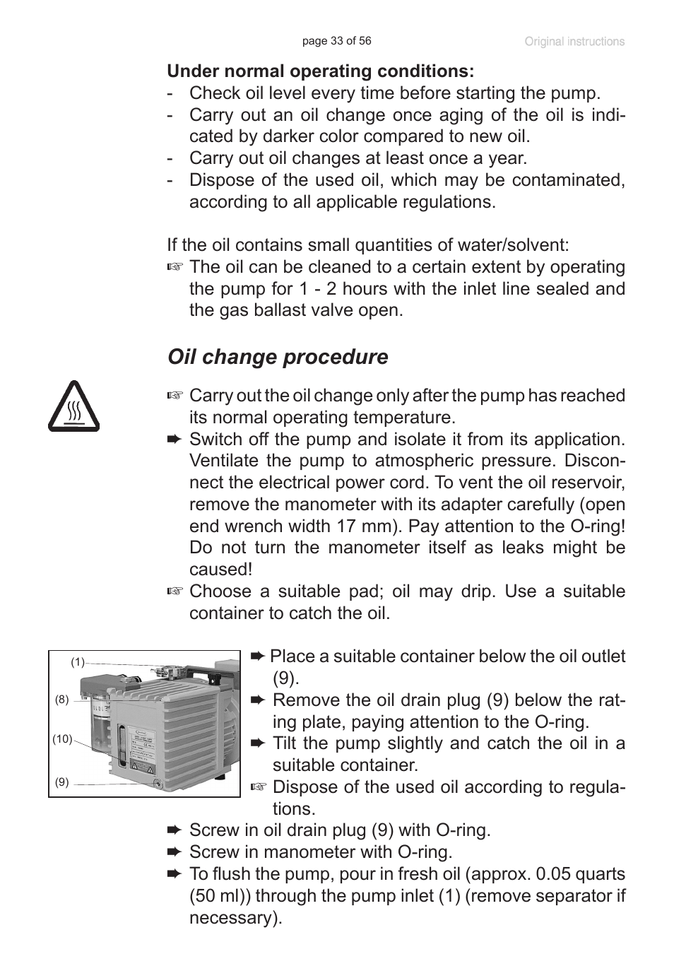 Oil change procedure | Labconco VACUUBRAND HYBRID Rotary Vane Pump 7584000 User Manual | Page 33 / 56
