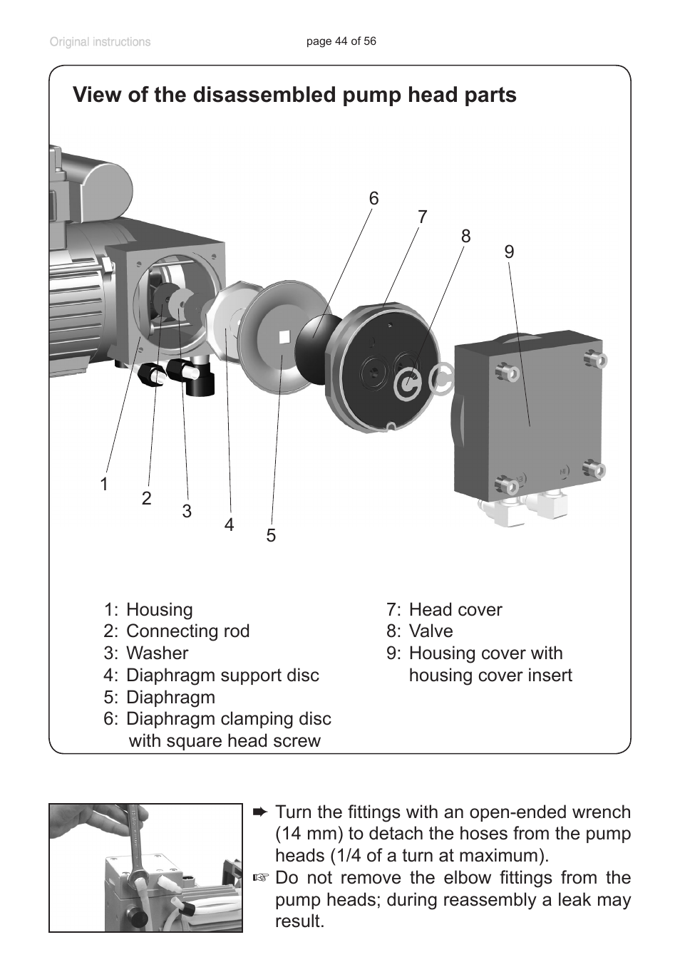 View of the disassembled pump head parts | Labconco VACUUBRAND HYBRID Rotary Vane Pump 7584000 User Manual | Page 44 / 56