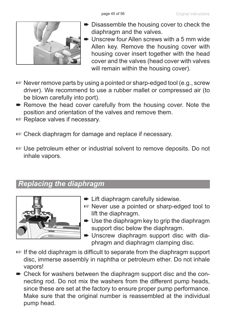Replacing the diaphragm | Labconco VACUUBRAND HYBRID Rotary Vane Pump 7584000 User Manual | Page 45 / 56
