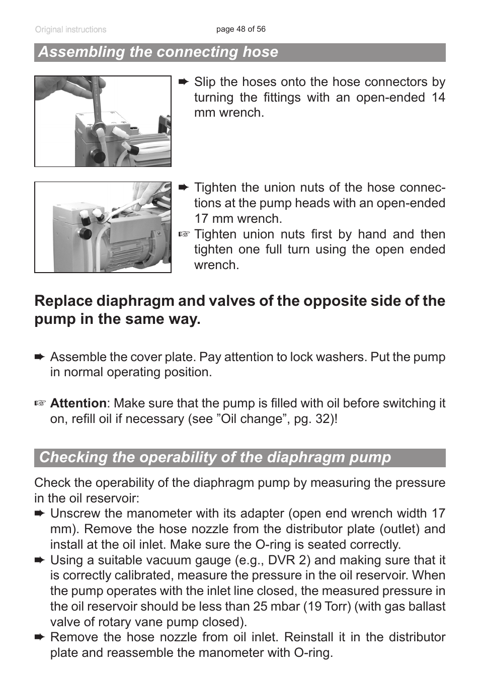 Assembling the connecting hose, Checking the operability of the diaphragm pump | Labconco VACUUBRAND HYBRID Rotary Vane Pump 7584000 User Manual | Page 48 / 56