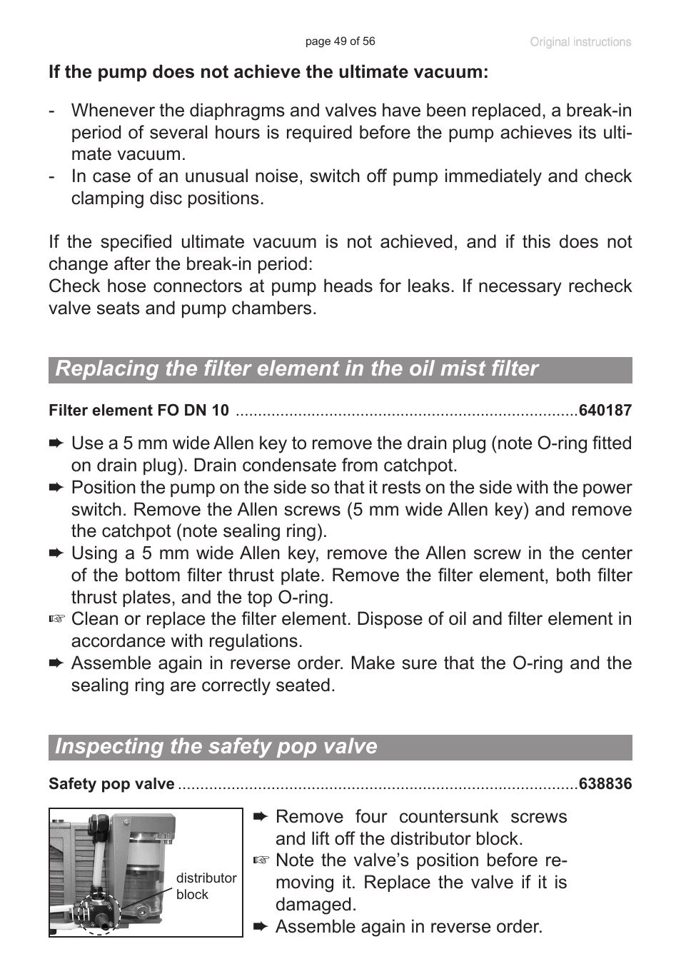 Inspecting the safety pop valve, Replacing the filter, Element in the oil mist filter”, pg. 49) | Labconco VACUUBRAND HYBRID Rotary Vane Pump 7584000 User Manual | Page 49 / 56