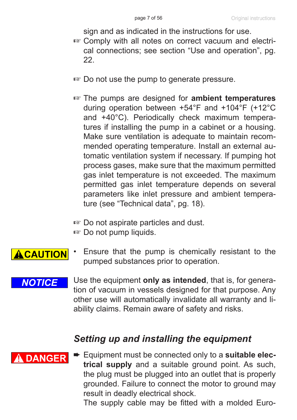 Setting up and installing the equipment, Notice | Labconco VACUUBRAND HYBRID Rotary Vane Pump 7584000 User Manual | Page 7 / 56