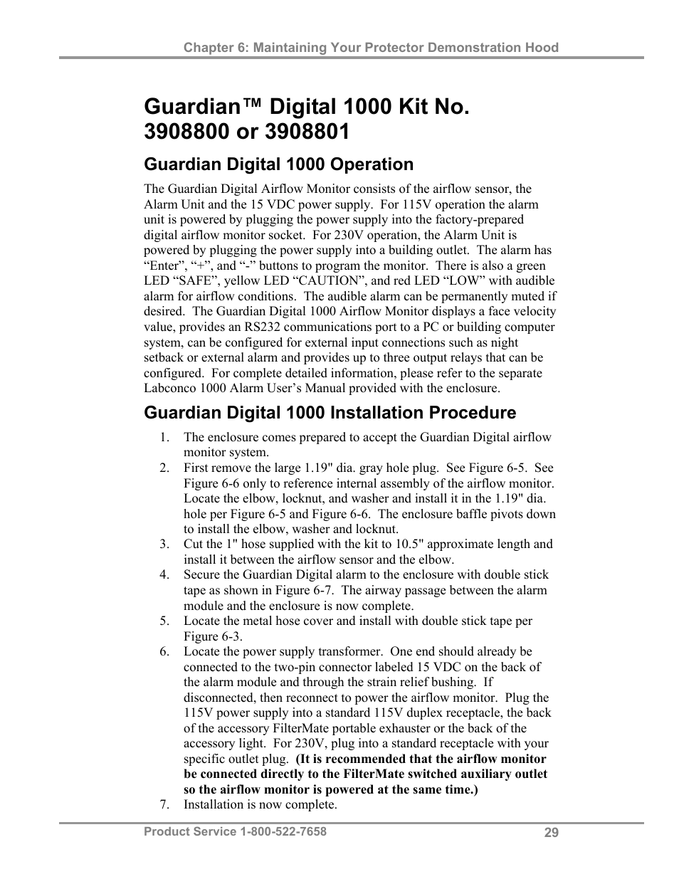 Guardian digital 1000 operation, Guardian digital 1000 installation procedure | Labconco Protector Demonstration Hoods 3945021 User Manual | Page 33 / 60
