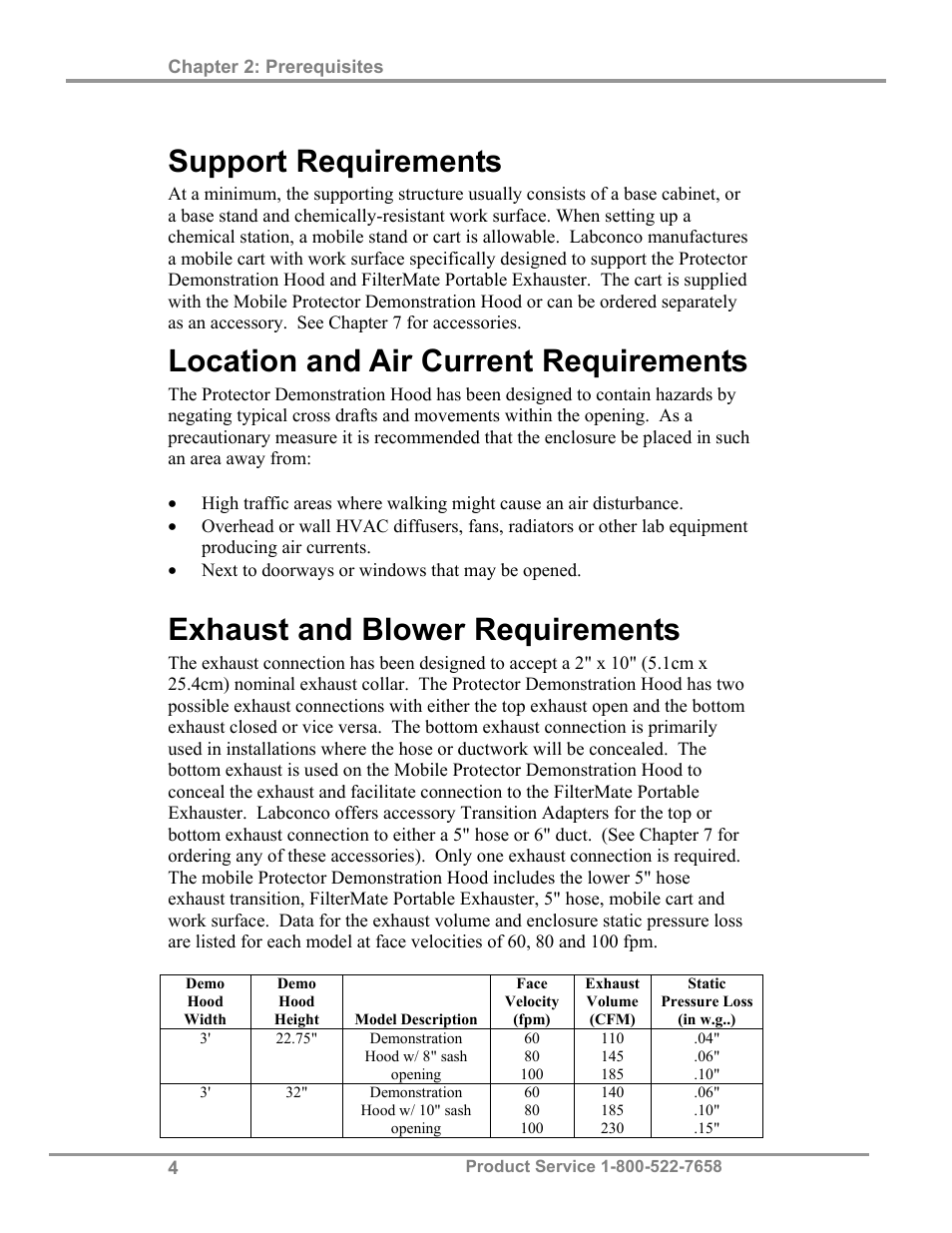 Support requirements, Location and air current requirements, Exhaust and blower requirements | Labconco Protector Demonstration Hoods 3945021 User Manual | Page 8 / 60