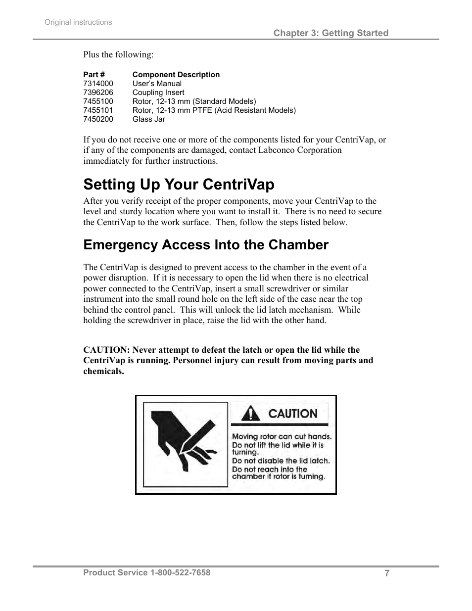Setting up your centrivap, Emergency access into the chamber | Labconco CentriVap Complete Vacuum Concentrator 73150 Series User Manual | Page 11 / 38