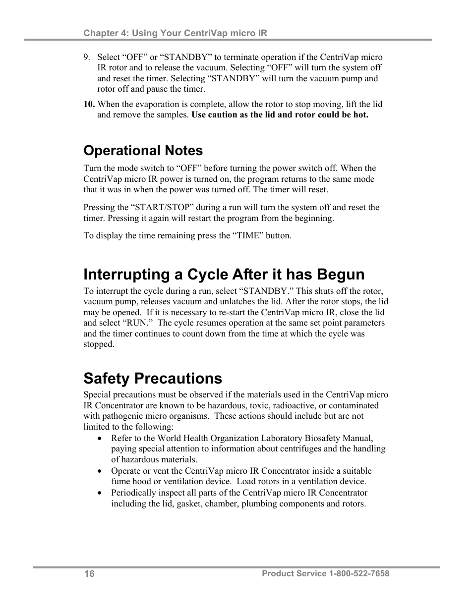Interrupting a cycle after it has begun, Safety precautions | Labconco CentriVap micro IR Vacuum Concentrators 77010 Series User Manual | Page 20 / 30