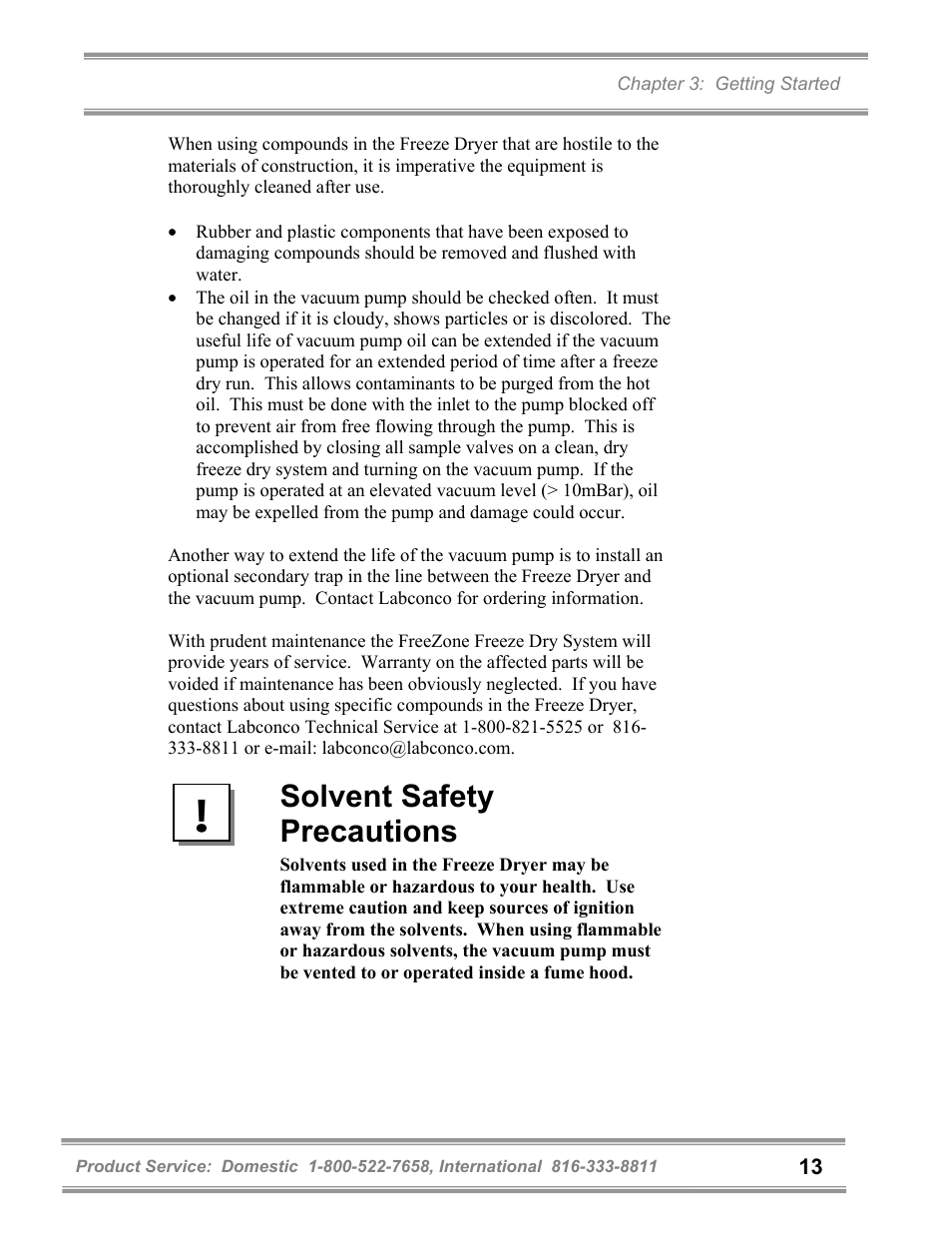 Solvent safety precautions | Labconco FreeZone 6 Liter Benchtop Freeze Dry Systems 77520 Series User Manual | Page 17 / 66