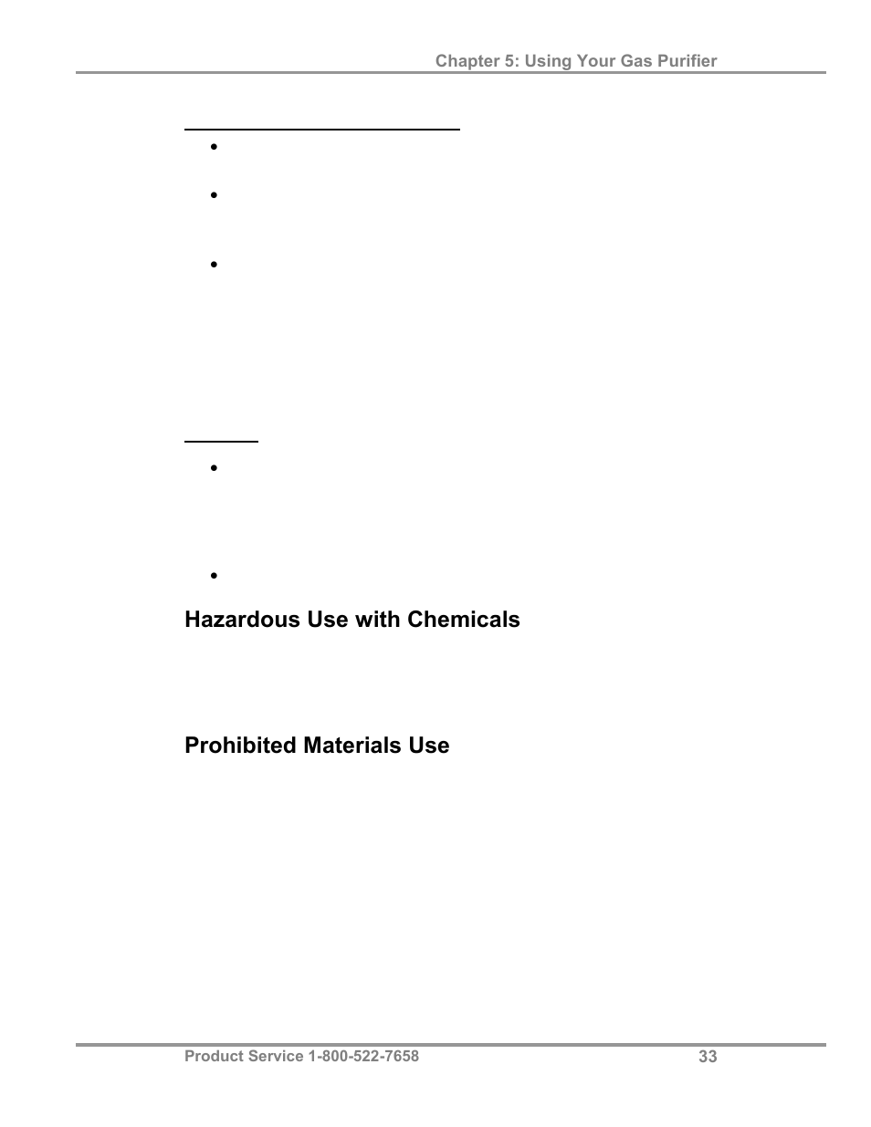Hazardous use with chemicals, Prohibited materials use | Labconco AtmosPure Re-Gen Gas Purifiers 5121845 User Manual | Page 37 / 59