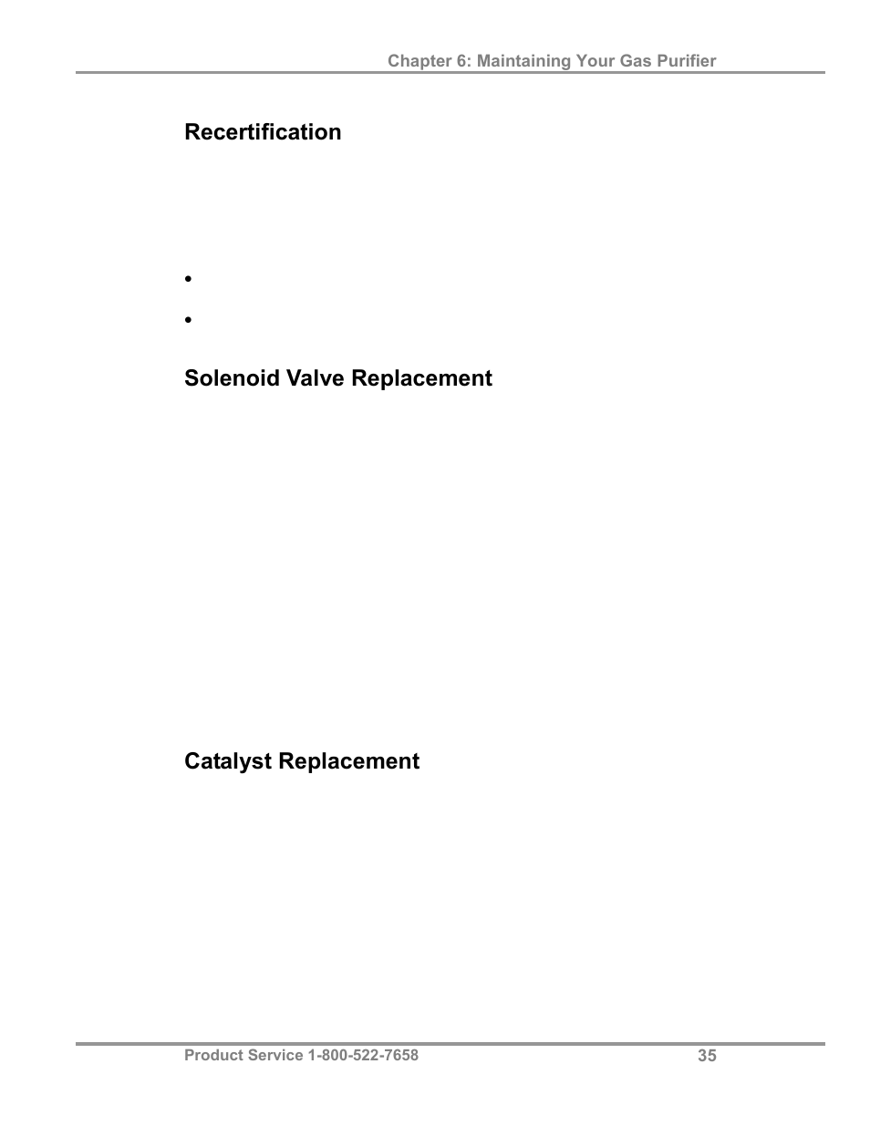 Recertification, Solenoid valve replacement, Catalyst replacement | Labconco AtmosPure Re-Gen Gas Purifiers 5121845 User Manual | Page 39 / 59