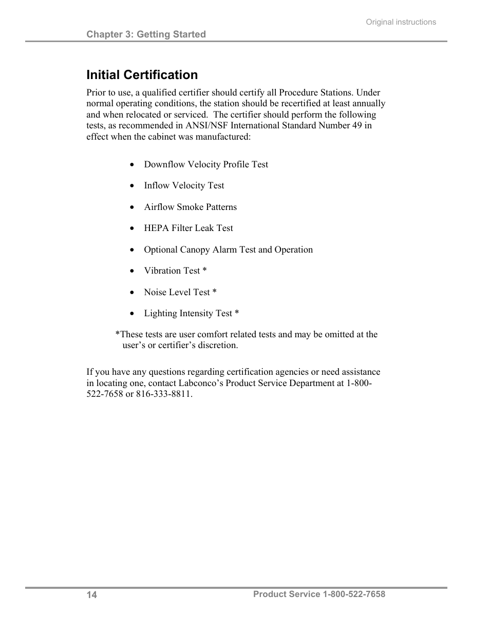 Initial certification | Labconco PuriCare Procedure Stations 31261 Series User Manual | Page 20 / 62