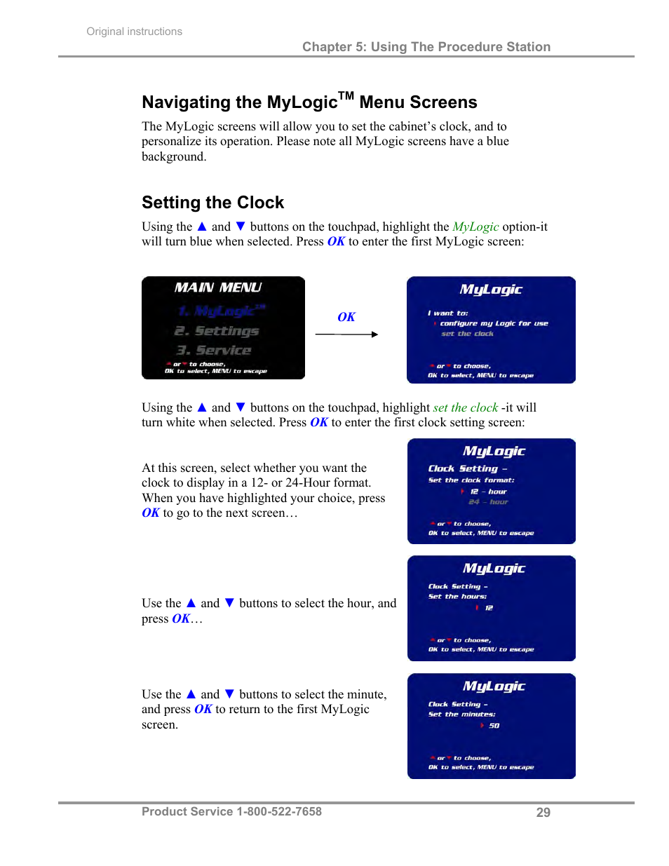 Navigating the mylogic, Menu screens, Setting the clock | Labconco PuriCare Procedure Stations 31261 Series User Manual | Page 35 / 62
