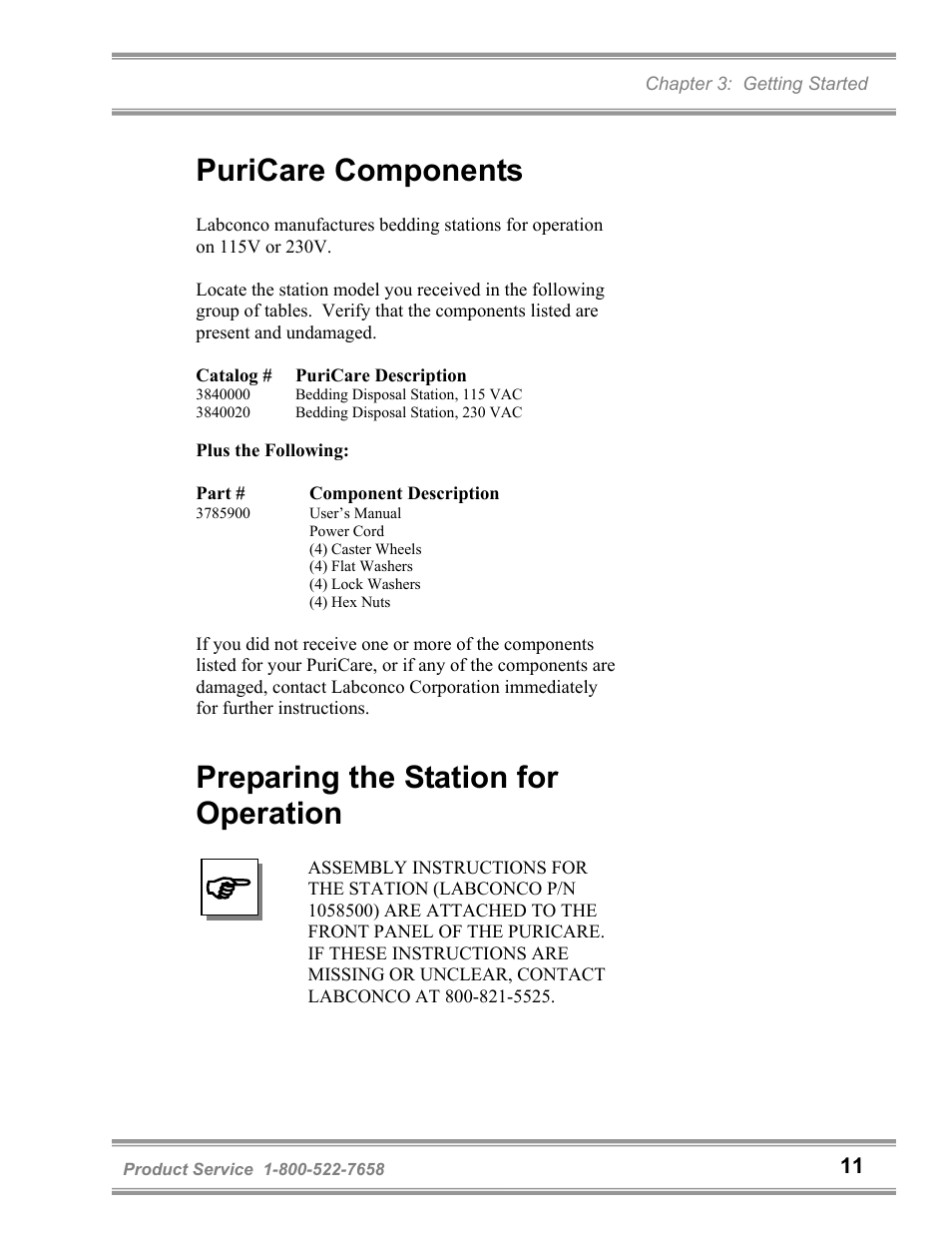 Puricare components, Preparing the station for operation | Labconco PuriCare Bedding Disposal Stations 3840020 User Manual | Page 15 / 59