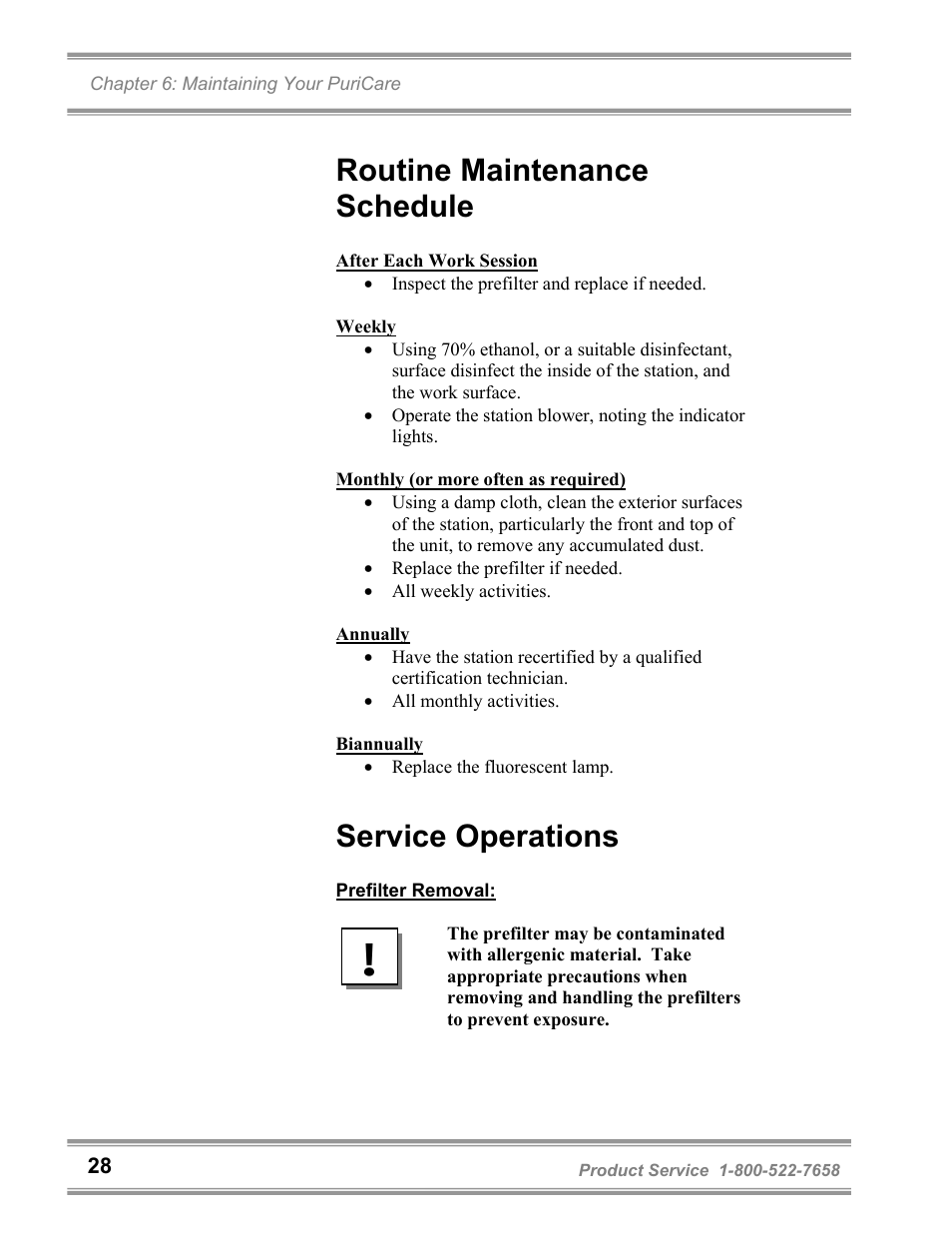 Routine maintenance schedule, Service operations | Labconco PuriCare Bedding Disposal Stations 3840020 User Manual | Page 32 / 59