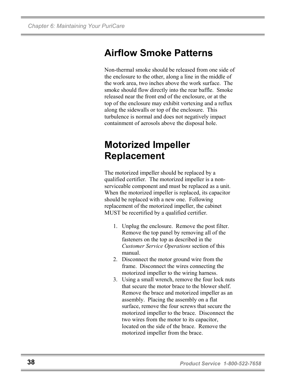 Airflow smoke patterns, Motorized impeller replacement | Labconco PuriCare Bedding Disposal Stations 3840020 User Manual | Page 42 / 59