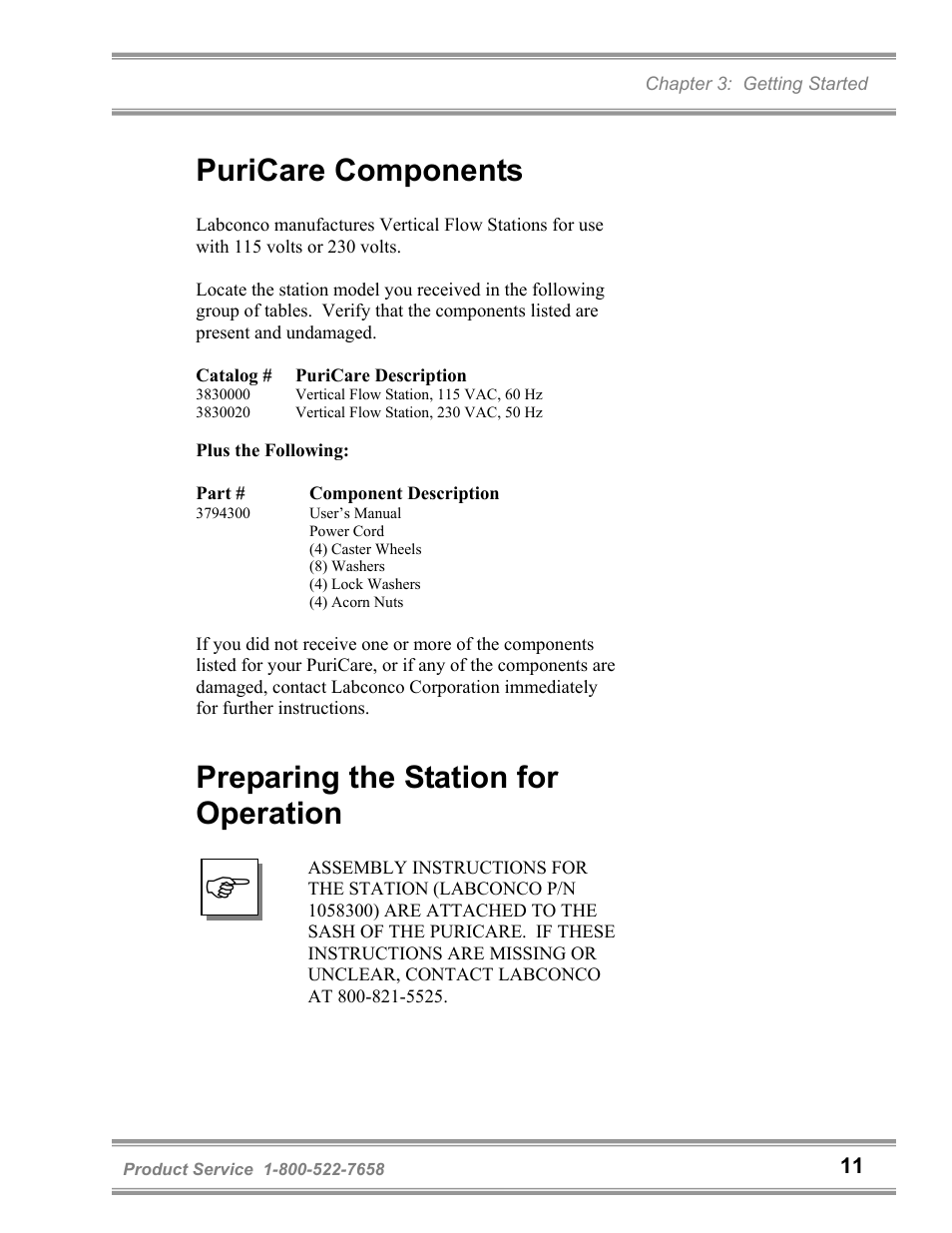 Puricare components, Preparing the station for operation | Labconco PuriCare Vertical Flow Stations 3830020 User Manual | Page 15 / 58