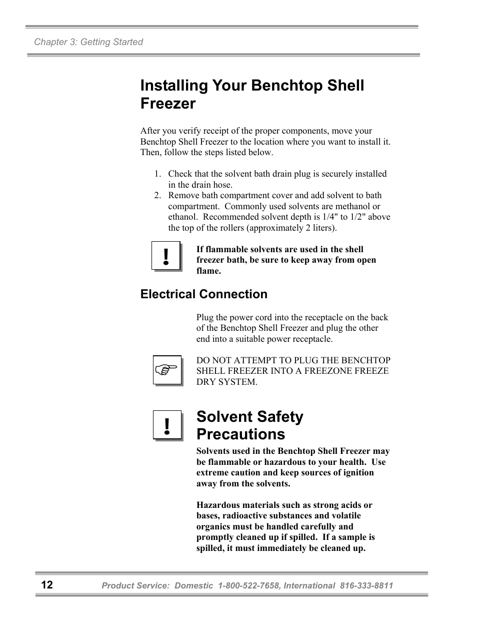 Installing your benchtop shell freezer, Solvent safety precautions | Labconco FreeZone Benchtop Freezer User Manual | Page 15 / 27